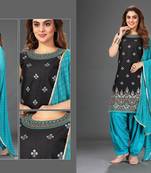 Black And Sky Blue Colour Sultan Silk Embroidered Stitched Patiala suits Set