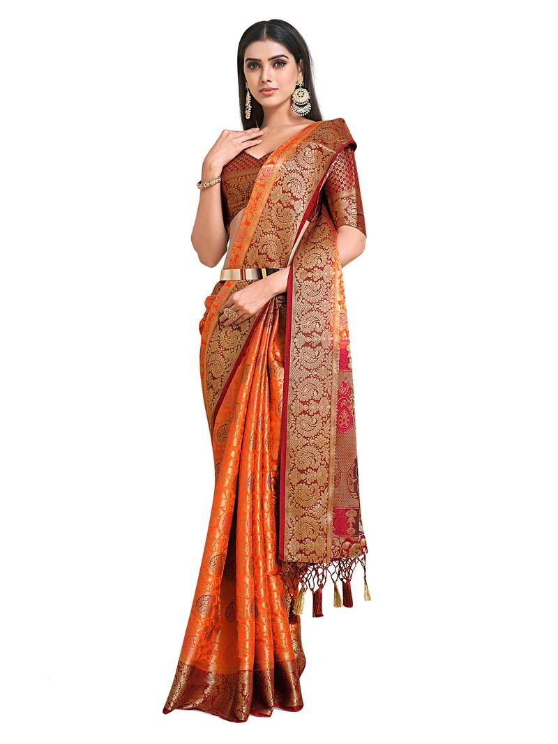Orange woven art silk saree with blouse