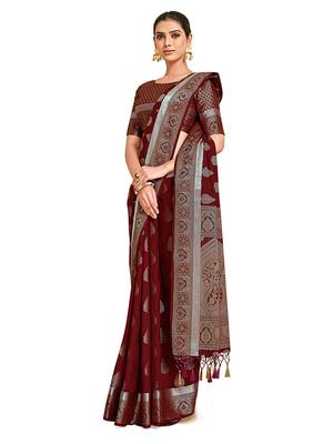 Maroon woven art silk saree with blouse 1