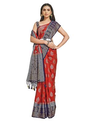 Red woven art silk saree with blouse 1