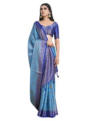 Turquoise woven art silk saree with blouse 1