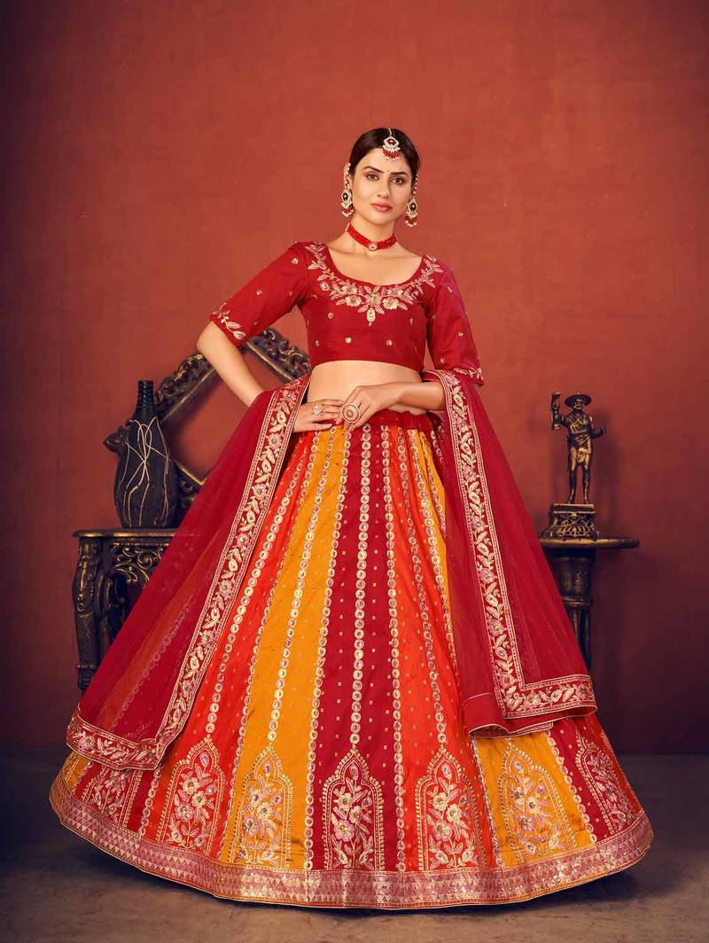 Thread and Sequence Embroidered Art Silk Lehenga