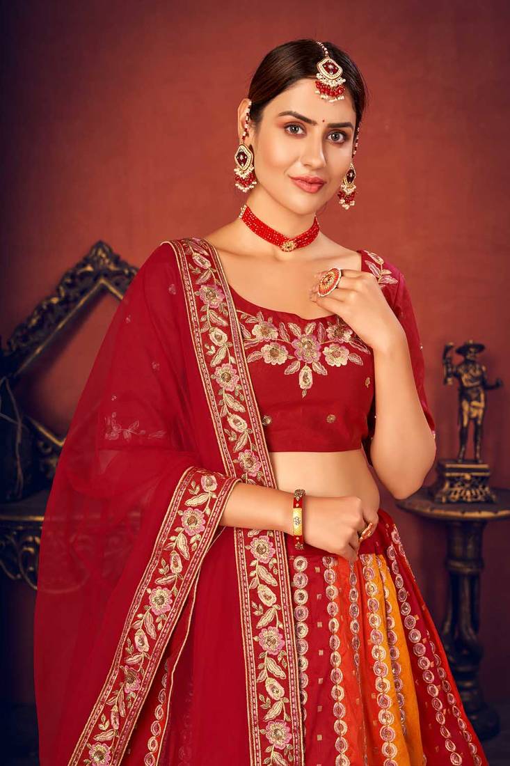 Thread and Sequence Embroidered Art Silk Lehenga