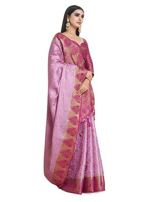 Pink woven art silk saree with blouse 1
