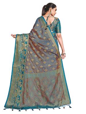Turquoise woven art silk saree with blouse 2