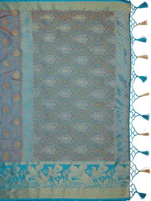 Turquoise woven art silk saree with blouse 4