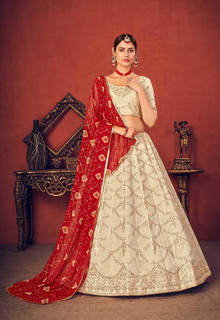 Thread and Sequence Embroidered Art Silk Lehenga