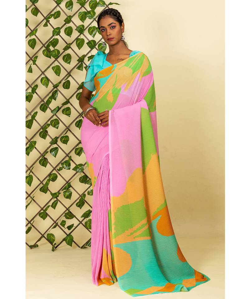 Multicolor printed georgette saree with blouse