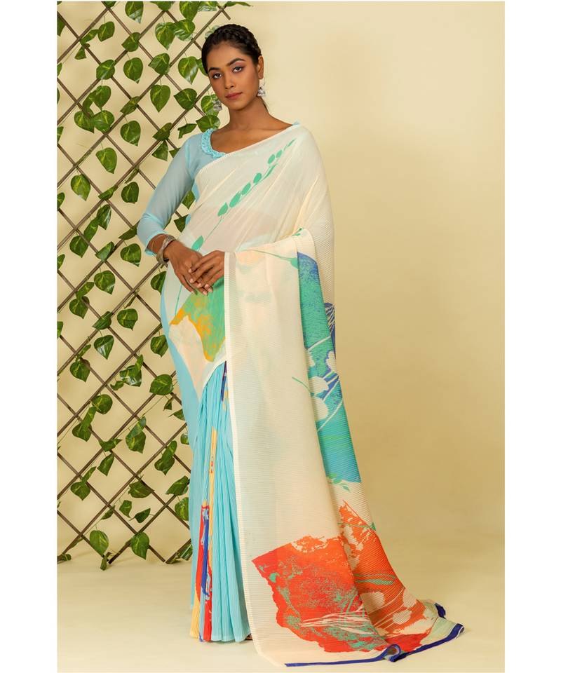 Multicolor printed georgette saree with blouse