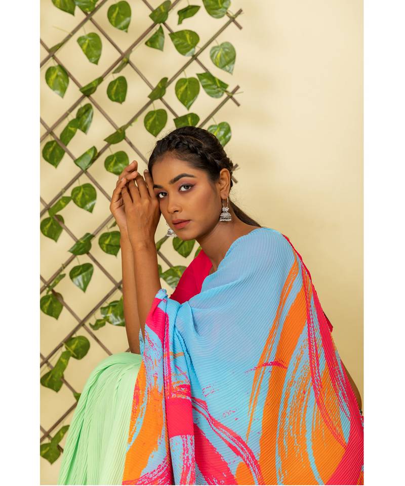 Multicolor printed georgette saree with blouse