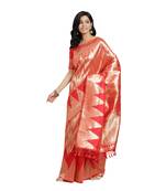 Red woven banarasi silk saree with blouse