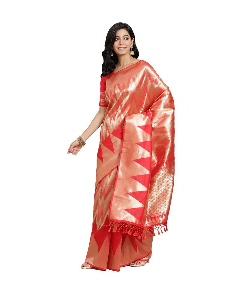Red woven banarasi silk saree with blouse