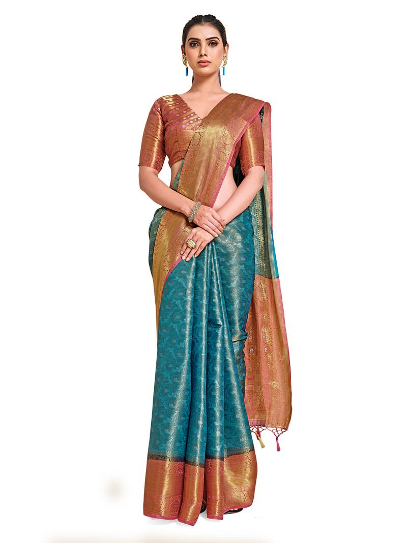 Turquoise woven art silk saree with blouse