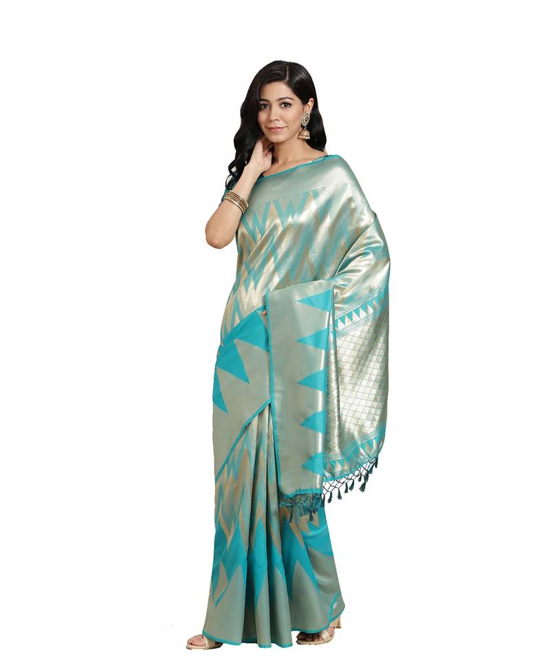 Green woven banarasi silk saree with blouse