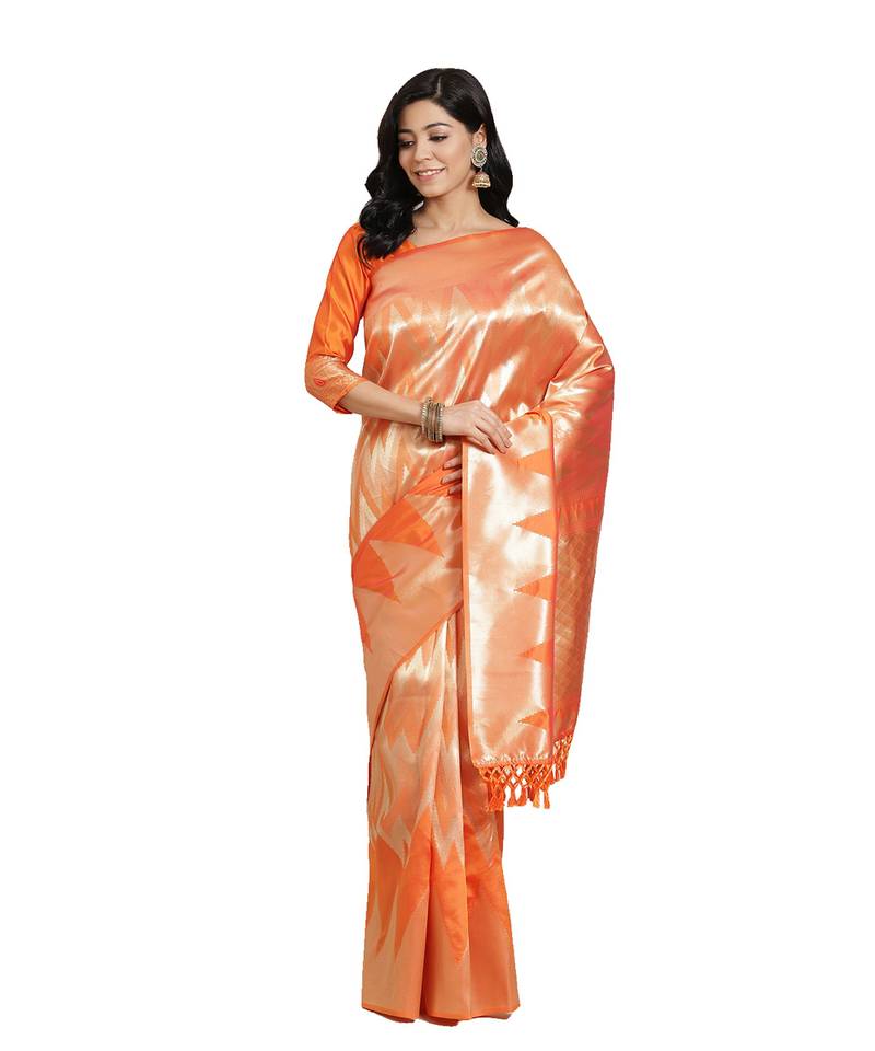 Orange woven banarasi silk saree with blouse