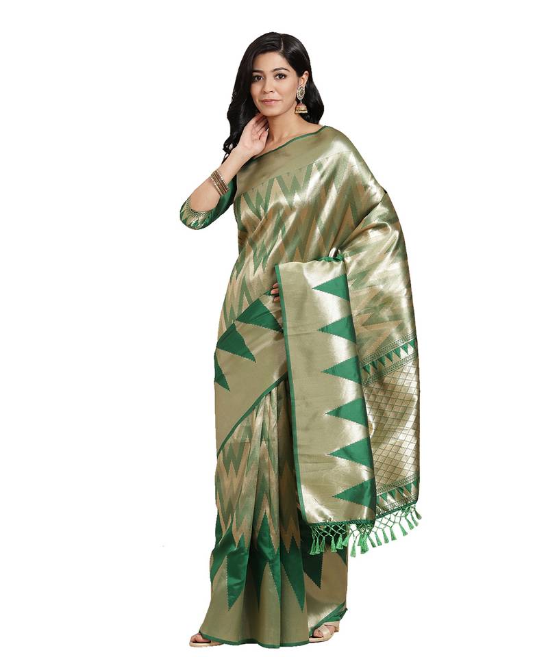 Green woven banarasi silk saree with blouse