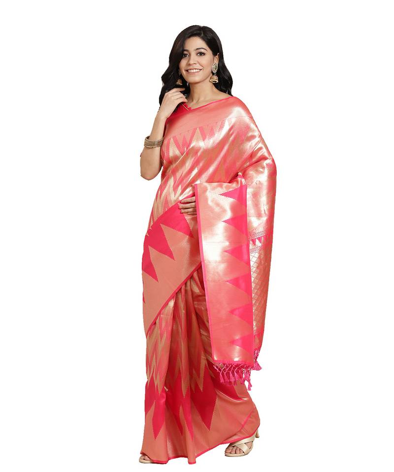 Pink woven banarasi silk saree with blouse
