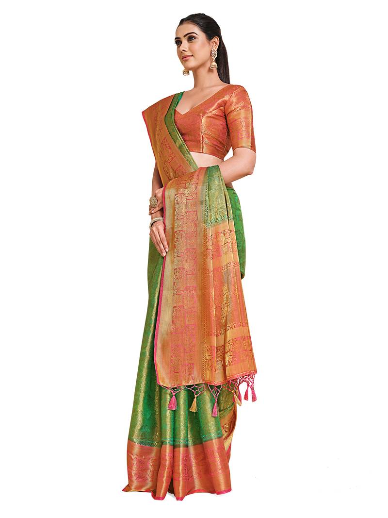 Green woven art silk saree with blouse