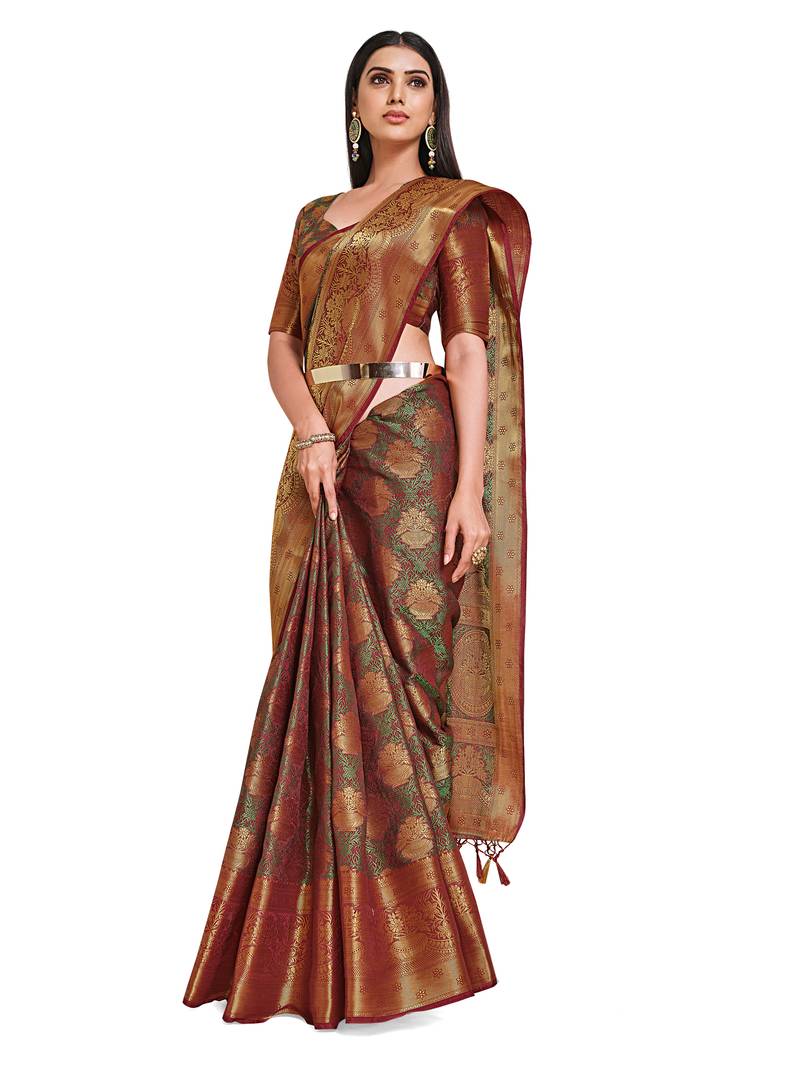 Maroon woven art silk saree with blouse