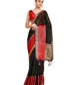 Black woven art silk saree with blouse