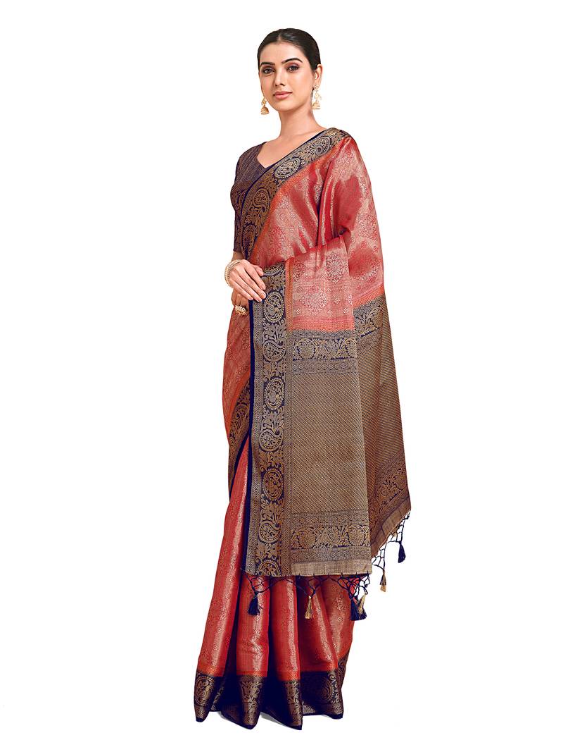 Pink woven art silk saree with blouse