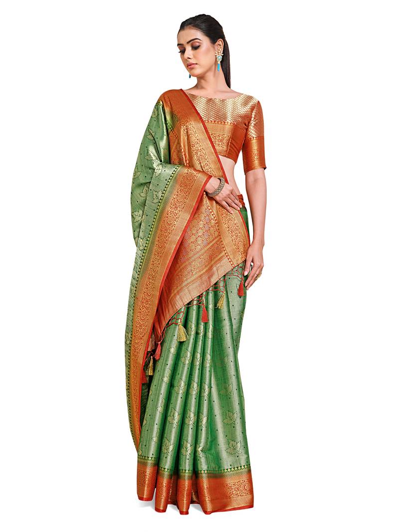 Green woven art silk saree with blouse