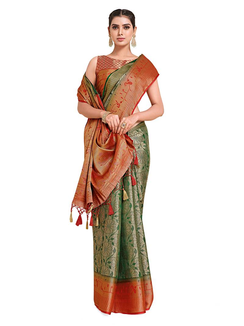 Green woven art silk saree with blouse