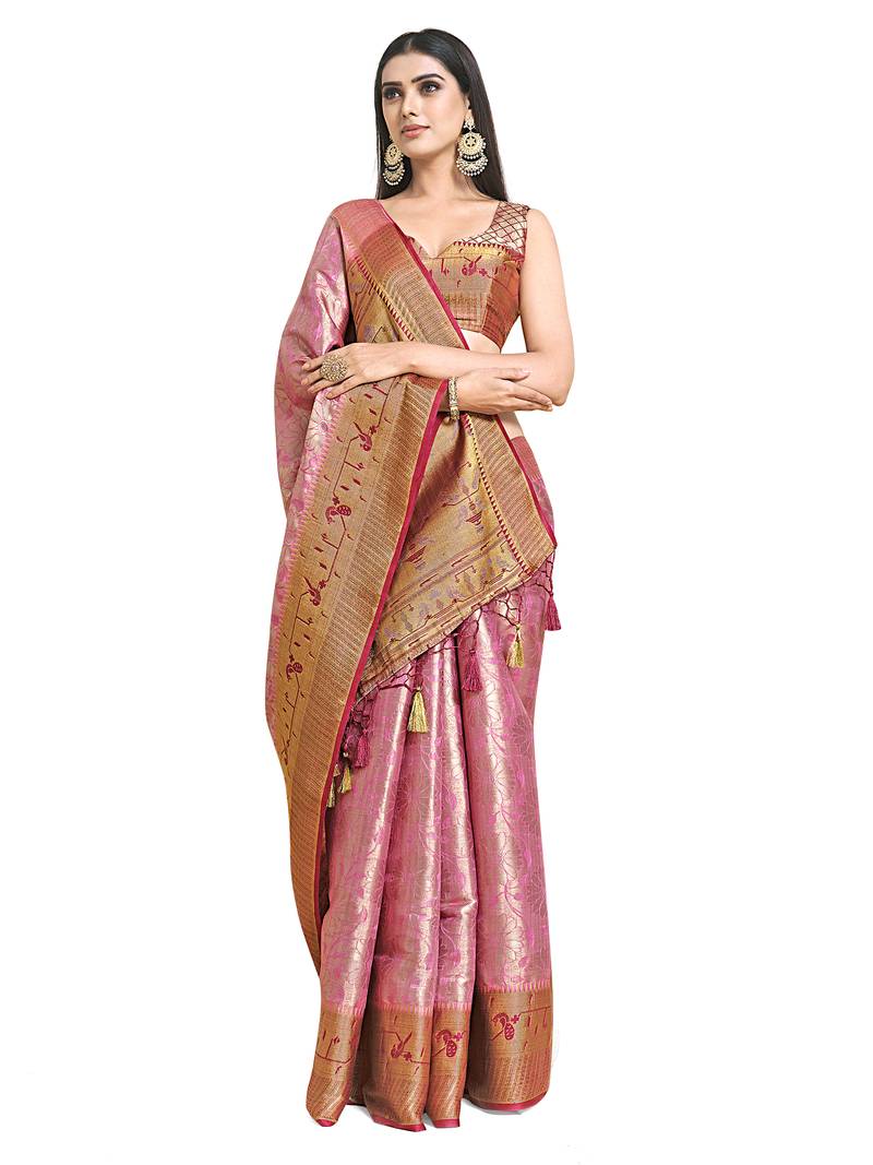 Pink woven art silk saree with blouse