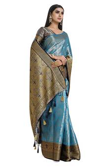 Turquoise woven art silk saree with blouse