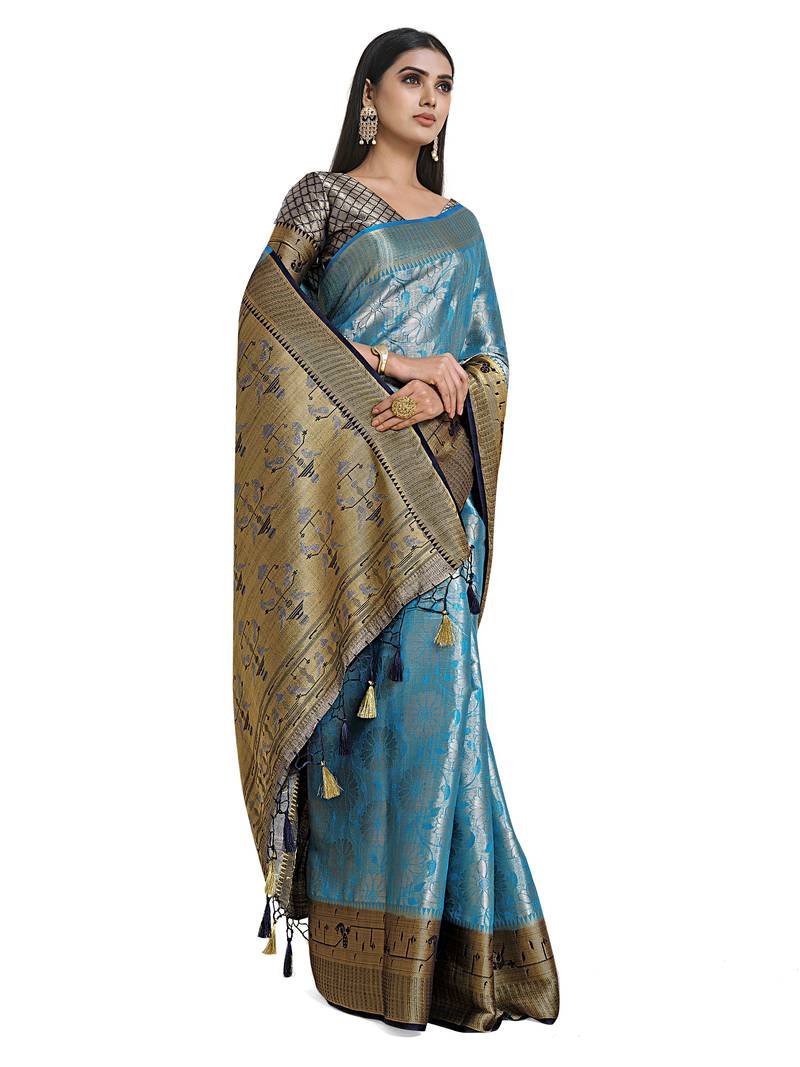Turquoise woven art silk saree with blouse