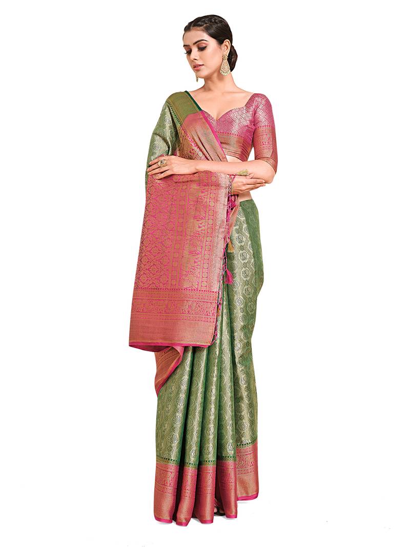 Green woven art silk saree with blouse