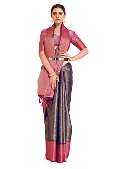 Navy blue woven art silk saree with blouse