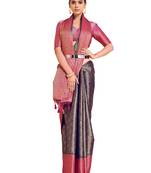 Navy blue woven art silk saree with blouse