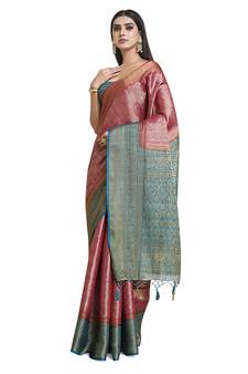 Pink woven art silk saree with blouse