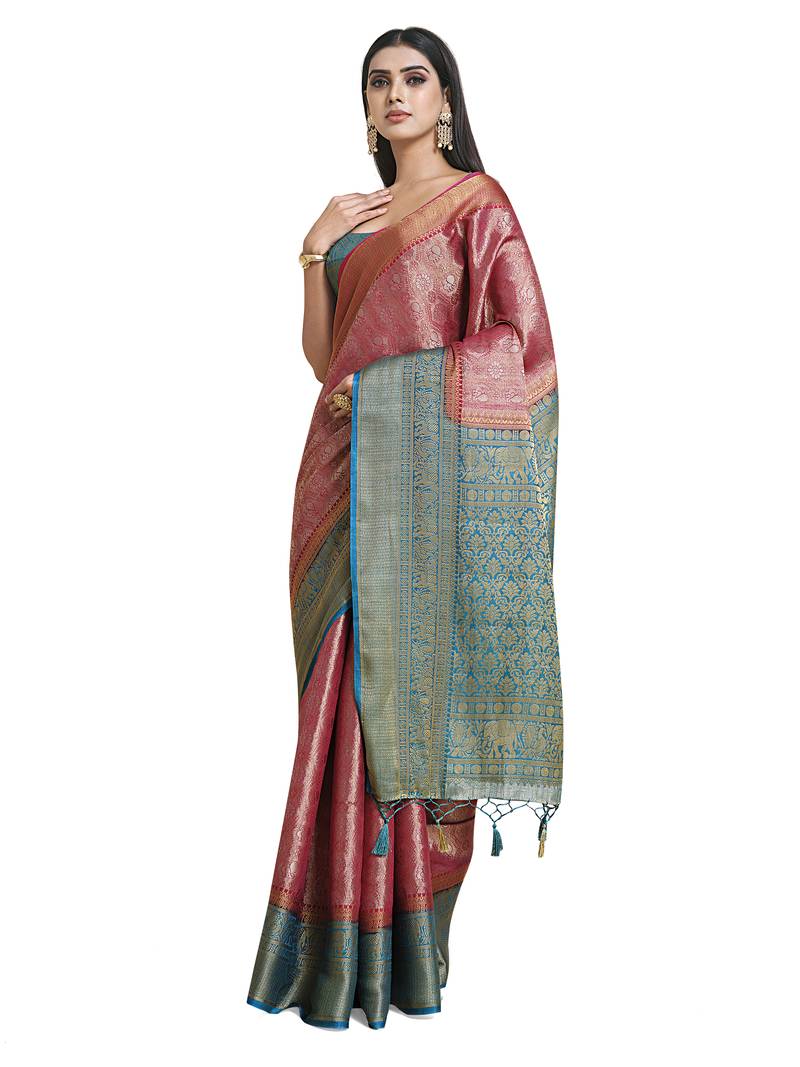 Pink woven art silk saree with blouse