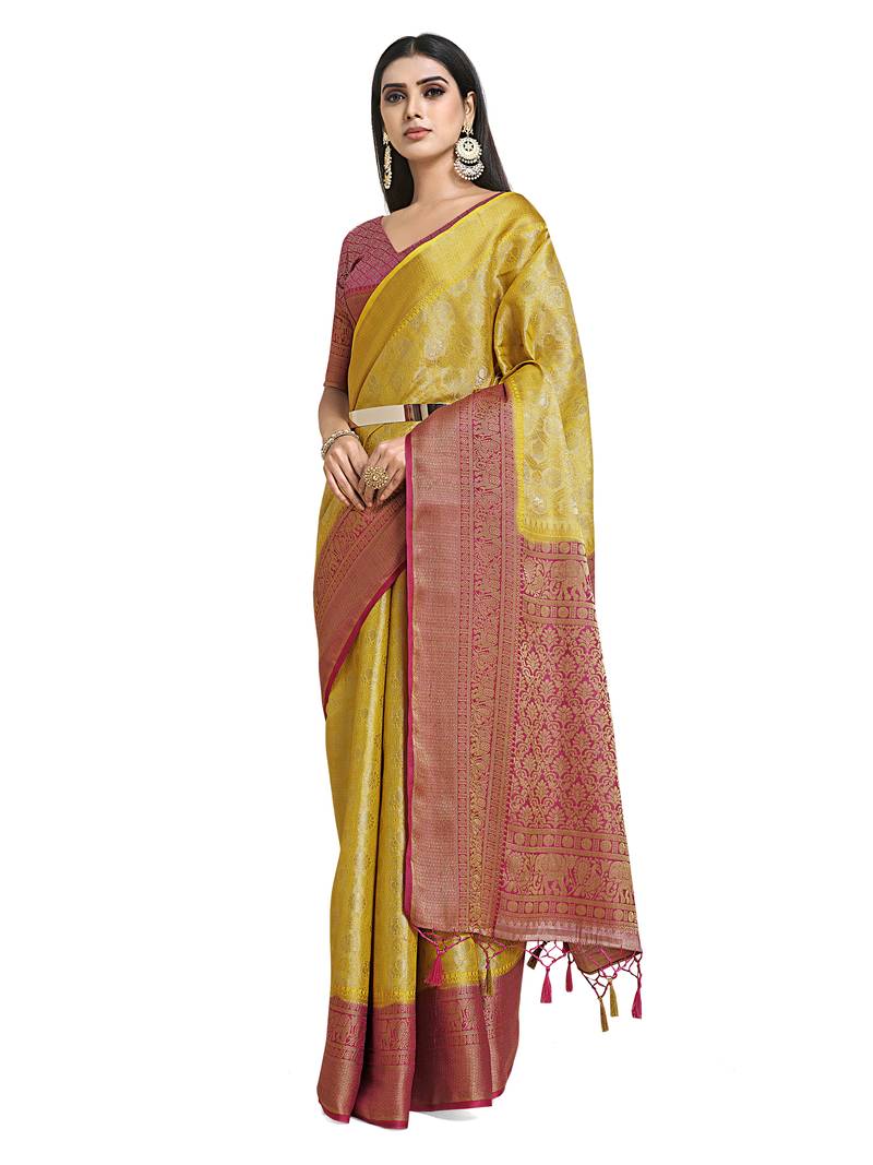 Yellow woven art silk saree with blouse