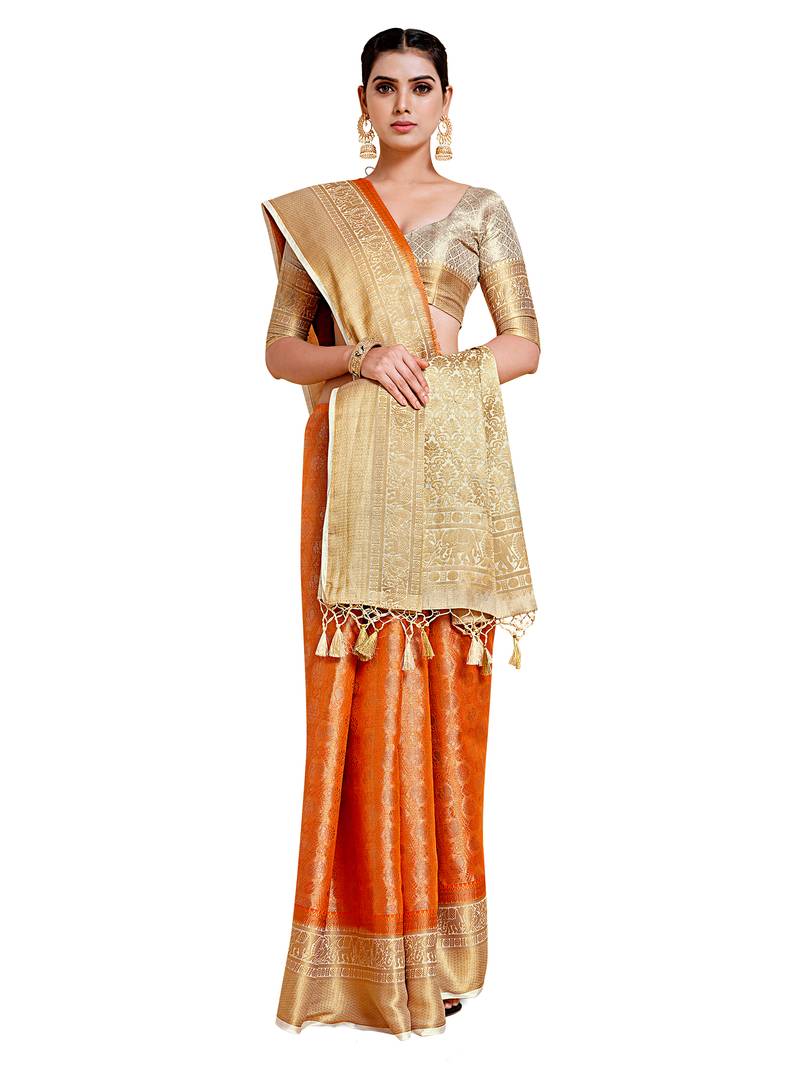 Orange woven art silk saree with blouse
