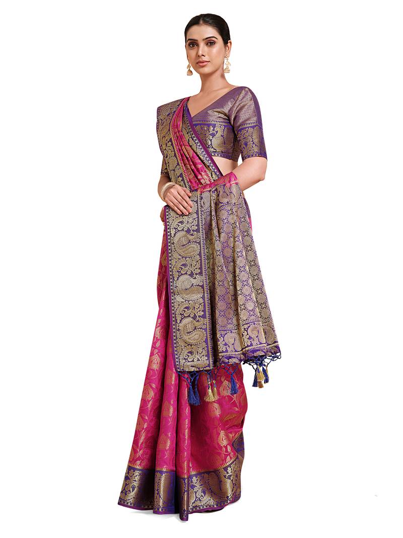 Pink woven art silk saree with blouse