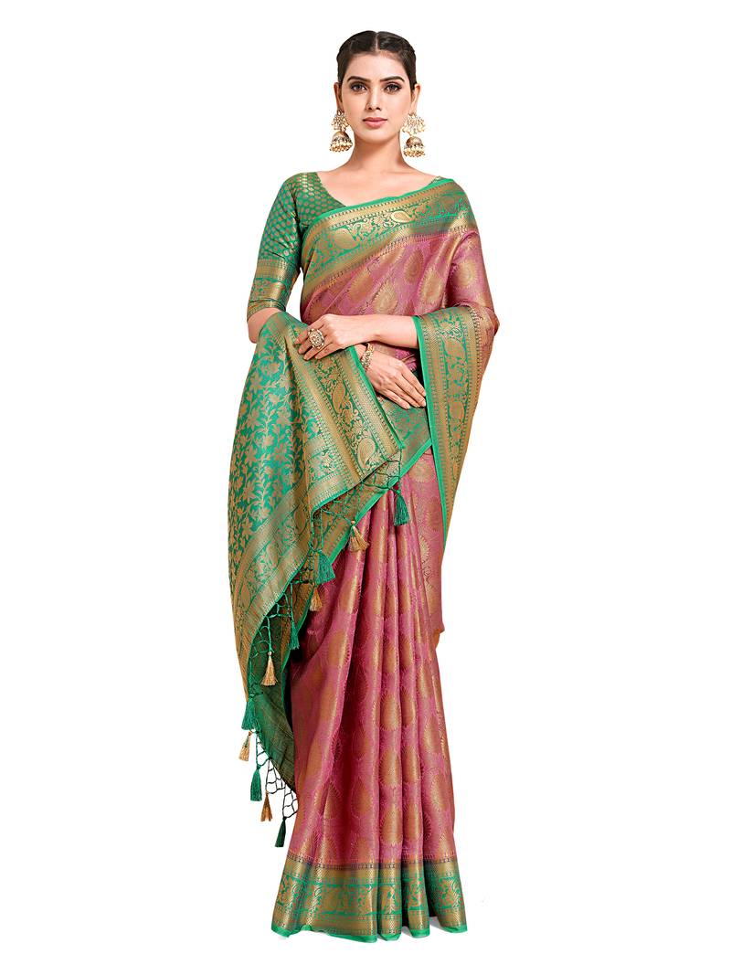Pink woven art silk saree with blouse
