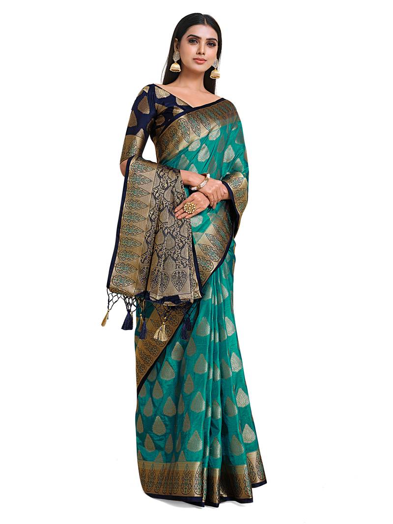 Turquoise woven art silk saree with blouse