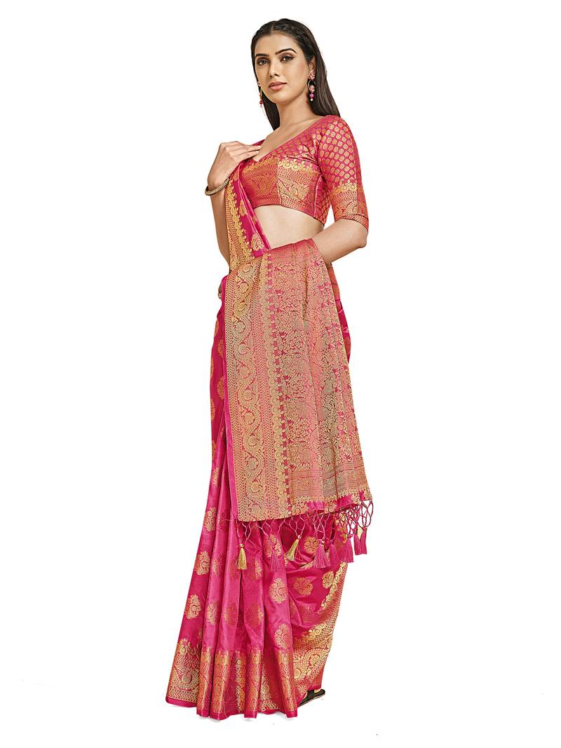 Pink woven art silk saree with blouse
