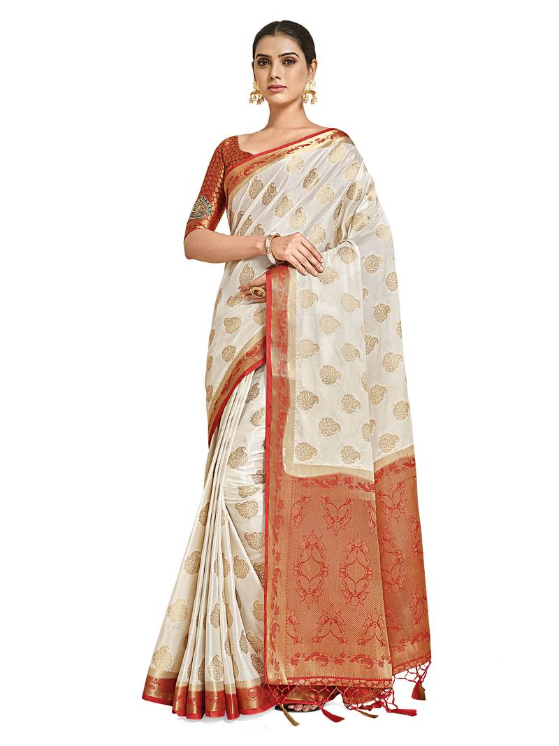 Off white woven crepe saree with blouse