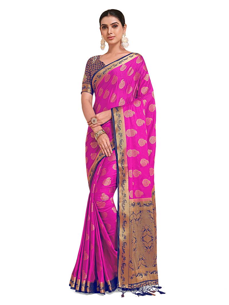 Pink woven crepe saree with blouse