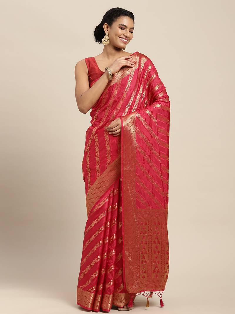 Pink woven art silk saree with blouse