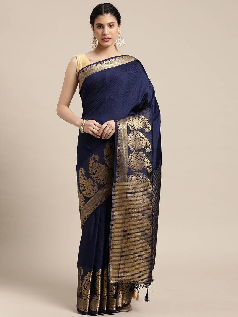 Navy blue woven art silk saree with blouse
