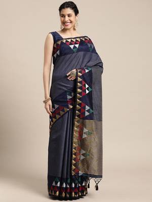 Navy blue woven art silk saree with blouse 1