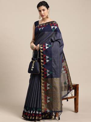Navy blue woven art silk saree with blouse 2