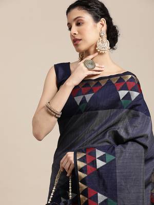 Navy blue woven art silk saree with blouse 3