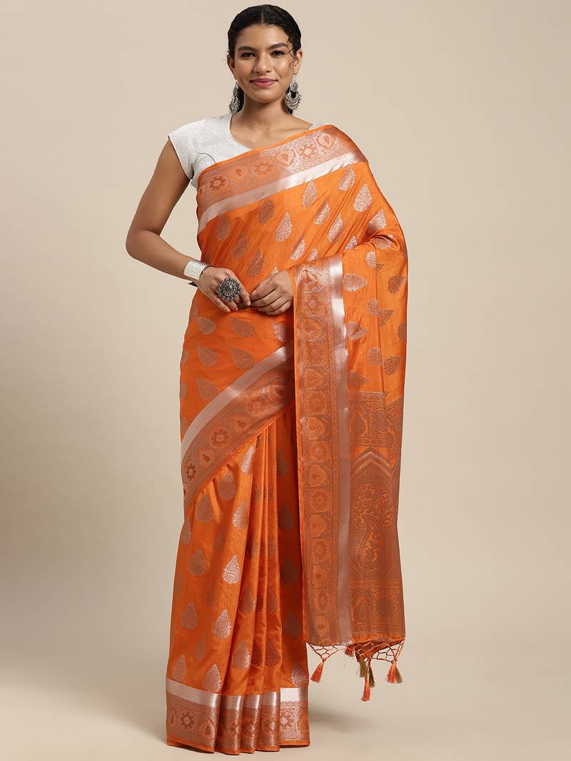 Orange woven art silk saree with blouse