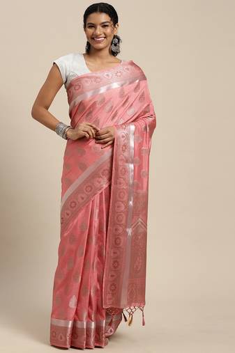 Pink woven art silk saree with blouse